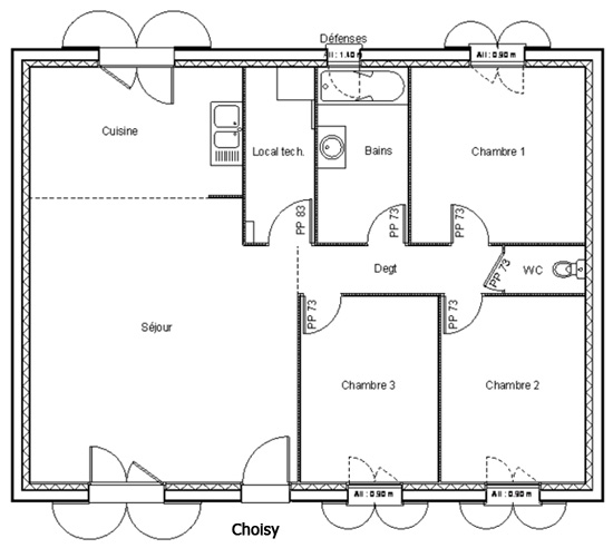 plan maison 3 chambres 80m2