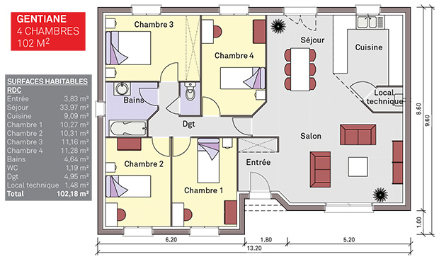 plan maison plain pied 3 chambres 90m2